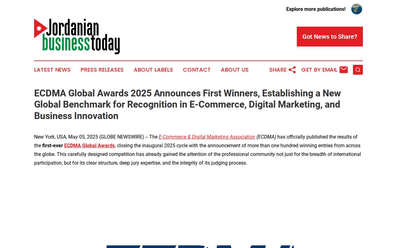 ECDMA Global Awards 2025 Announces First Winners, Establishing a New Global Benchmark for Recognition in E-Commerce, Digital Marketing, and Business Innovation | Jordanian Business Today