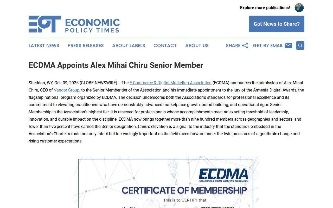 ECDMA Appoints Alex Mihai Chiru Senior Member | Economic Policy Times
