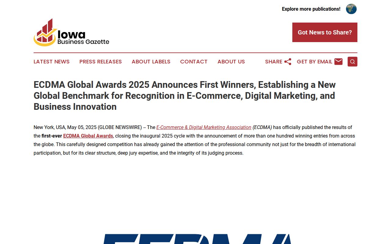 ECDMA Global Awards 2025 Announces First Winners, Establishing a New Global Benchmark for Recognition in E-Commerce, Digital Marketing, and Business Innovation | Iowa Business Gazette
