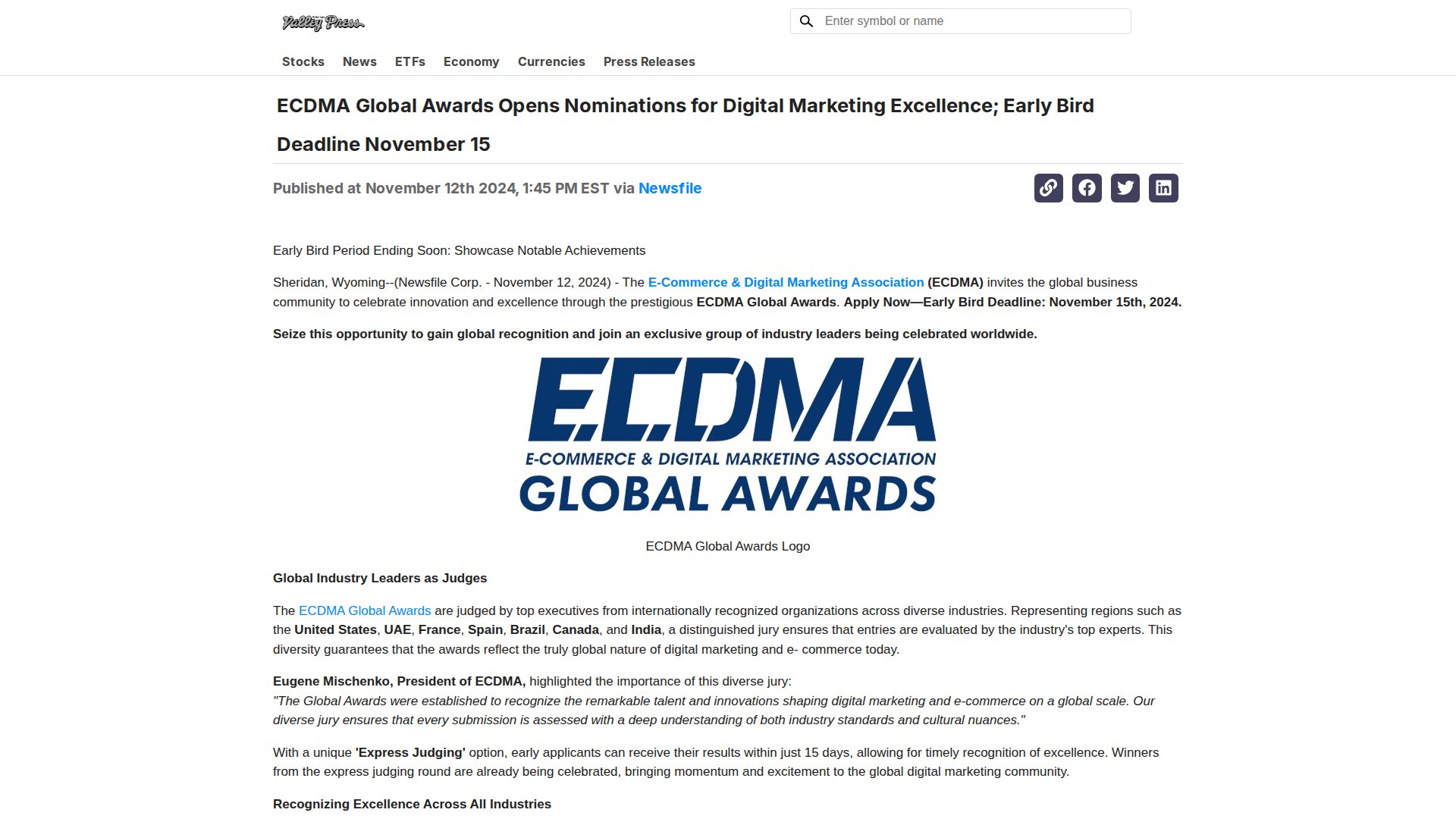 ECDMA Global Awards Opens Nominations for Digital Marketing Excellence; Early Bird Deadline November 15