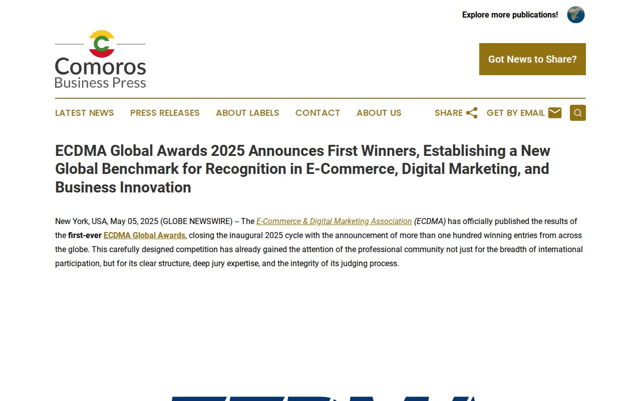 ECDMA Global Awards 2025 Announces First Winners, Establishing a New Global Benchmark for Recognition in E-Commerce, Digital Marketing, and Business Innovation | Comoros Business Press