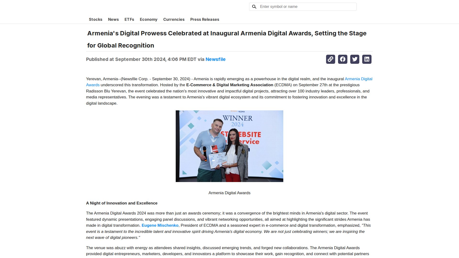 Armenia's Digital Prowess Celebrated at Inaugural Armenia Digital Awards, Setting the Stage for Global Recognition