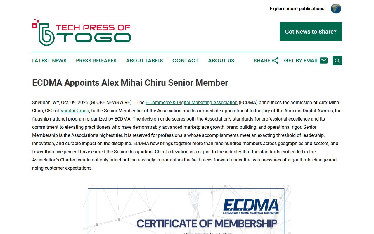 ECDMA Appoints Alex Mihai Chiru Senior Member | Tech Press of Togo