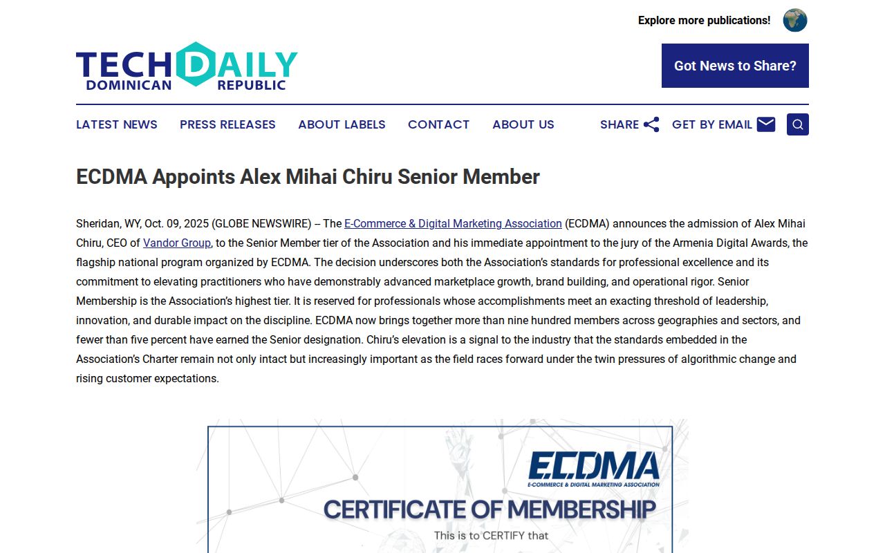 ECDMA Appoints Alex Mihai Chiru Senior Member | Tech Daily Dominican Republic