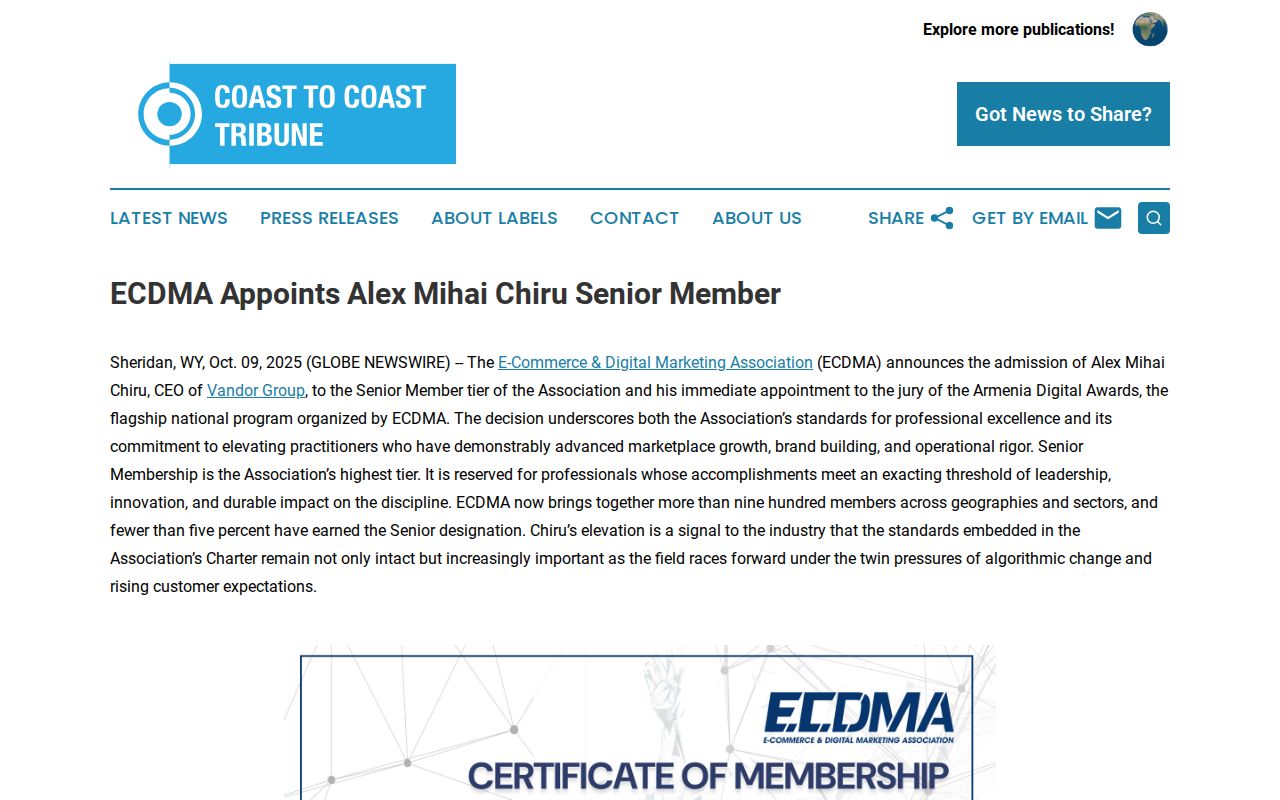 ECDMA Appoints Alex Mihai Chiru Senior Member | Coast To Coast Tribune