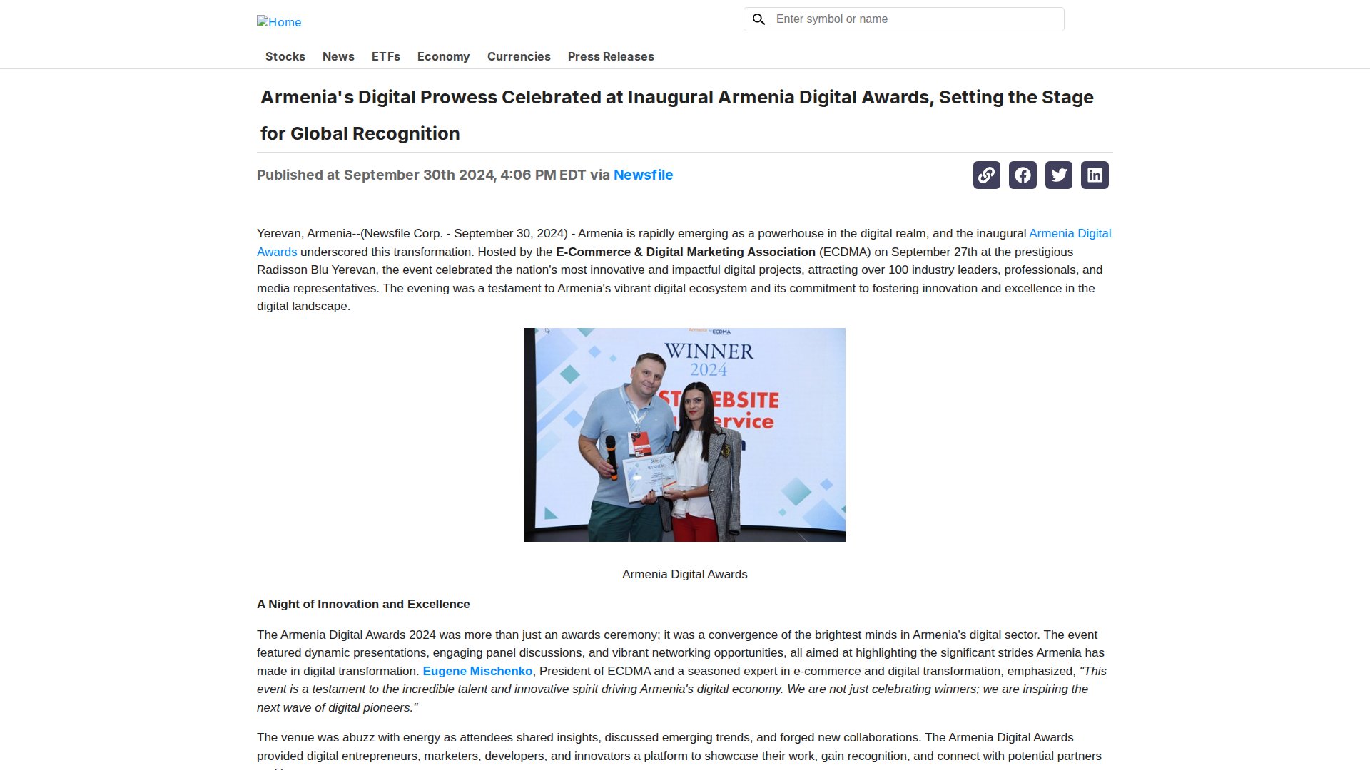 Armenia's Digital Prowess Celebrated at Inaugural Armenia Digital Awards, Setting the Stage for Global Recognition