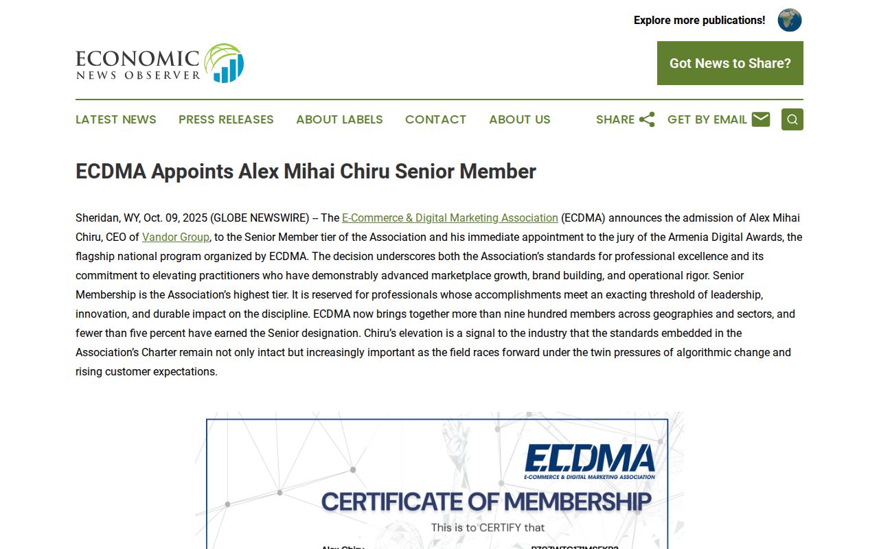 ECDMA Appoints Alex Mihai Chiru Senior Member | Economic News Observer