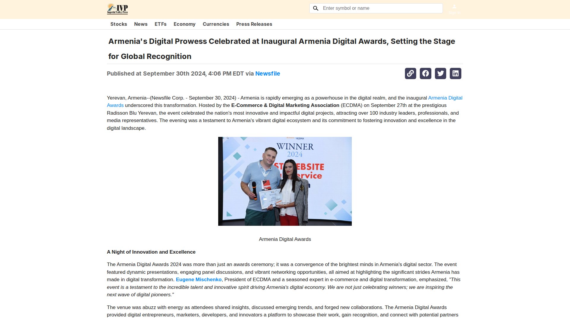 Armenia's Digital Prowess Celebrated at Inaugural Armenia Digital Awards, Setting the Stage for Global Recognition