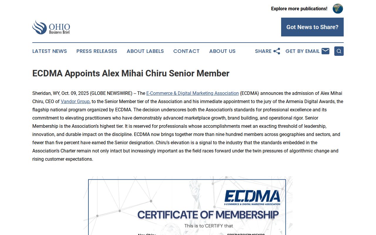 ECDMA Appoints Alex Mihai Chiru Senior Member | Ohio Business Brief