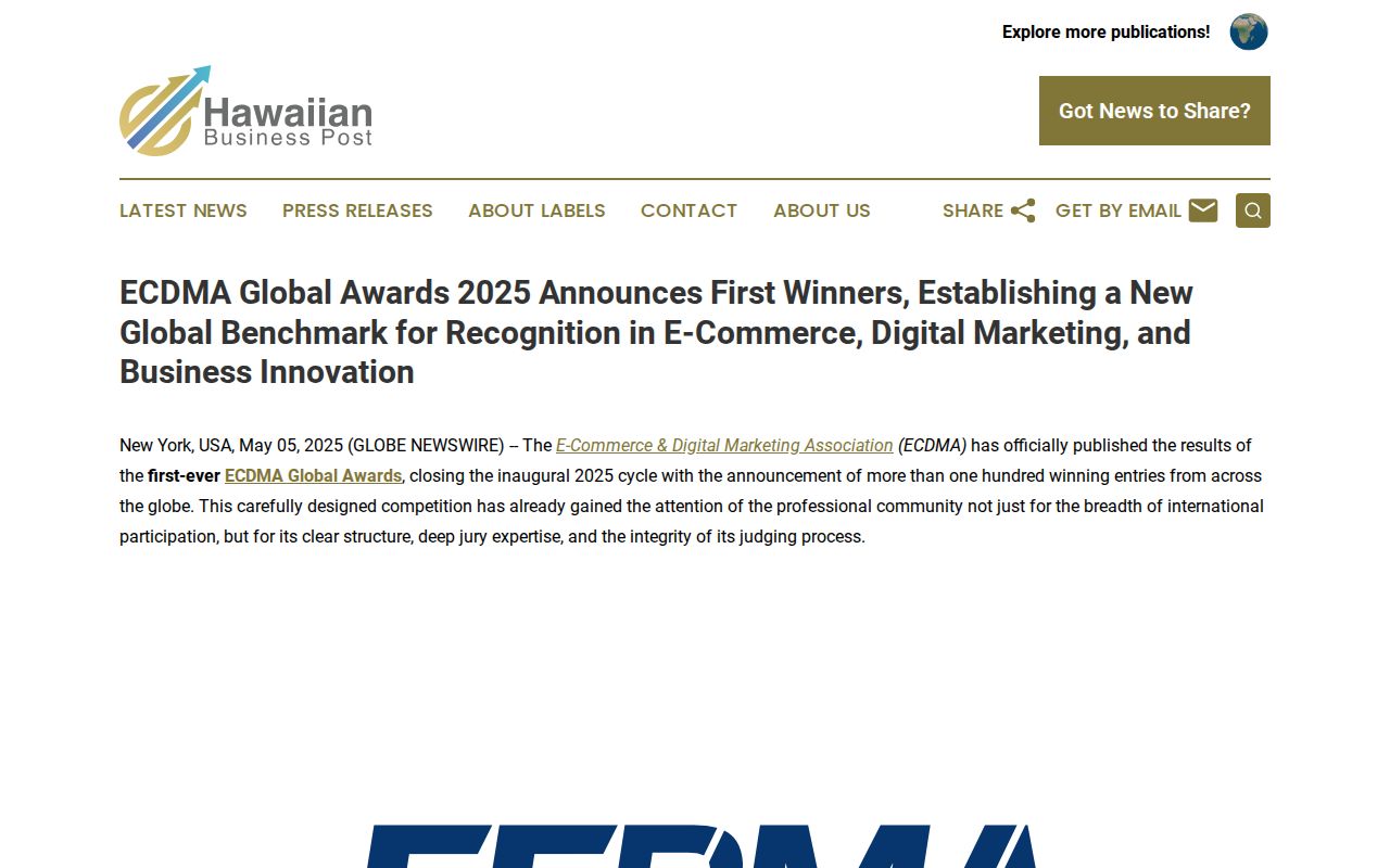 ECDMA Global Awards 2025 Announces First Winners, Establishing a New Global Benchmark for Recognition in E-Commerce, Digital Marketing, and Business Innovation | Hawaiian Business Post