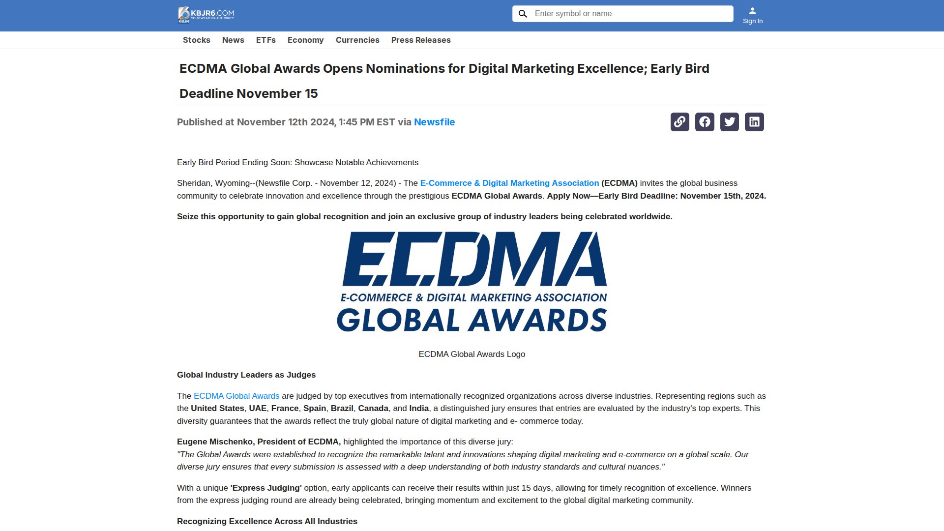 ECDMA Global Awards Opens Nominations for Digital Marketing Excellence; Early Bird Deadline November 15