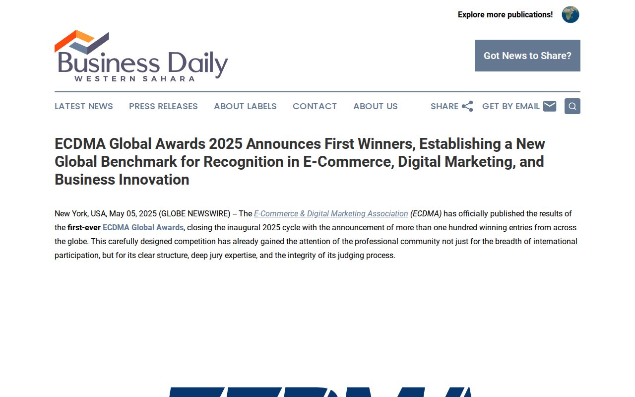 ECDMA Global Awards 2025 Announces First Winners, Establishing a New Global Benchmark for Recognition in E-Commerce, Digital Marketing, and Business Innovation | Business Daily Western Sahara