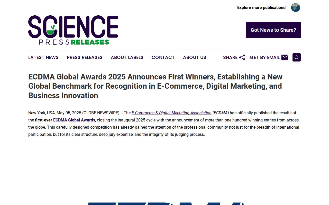 ECDMA Global Awards 2025 Announces First Winners, Establishing a New Global Benchmark for Recognition in E-Commerce, Digital Marketing, and Business Innovation | Science Press Releases