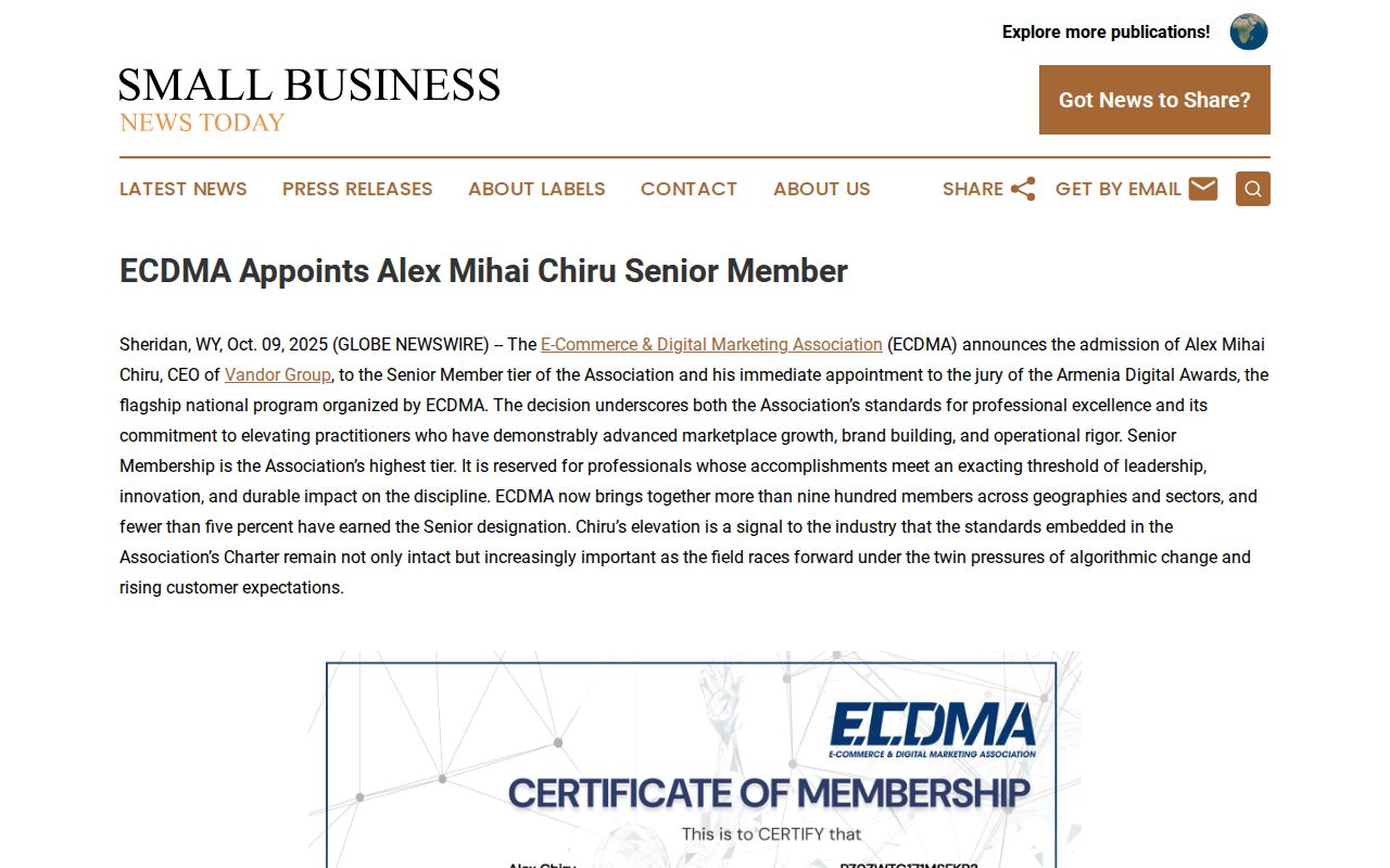 ECDMA Appoints Alex Mihai Chiru Senior Member | Small Business News Today
