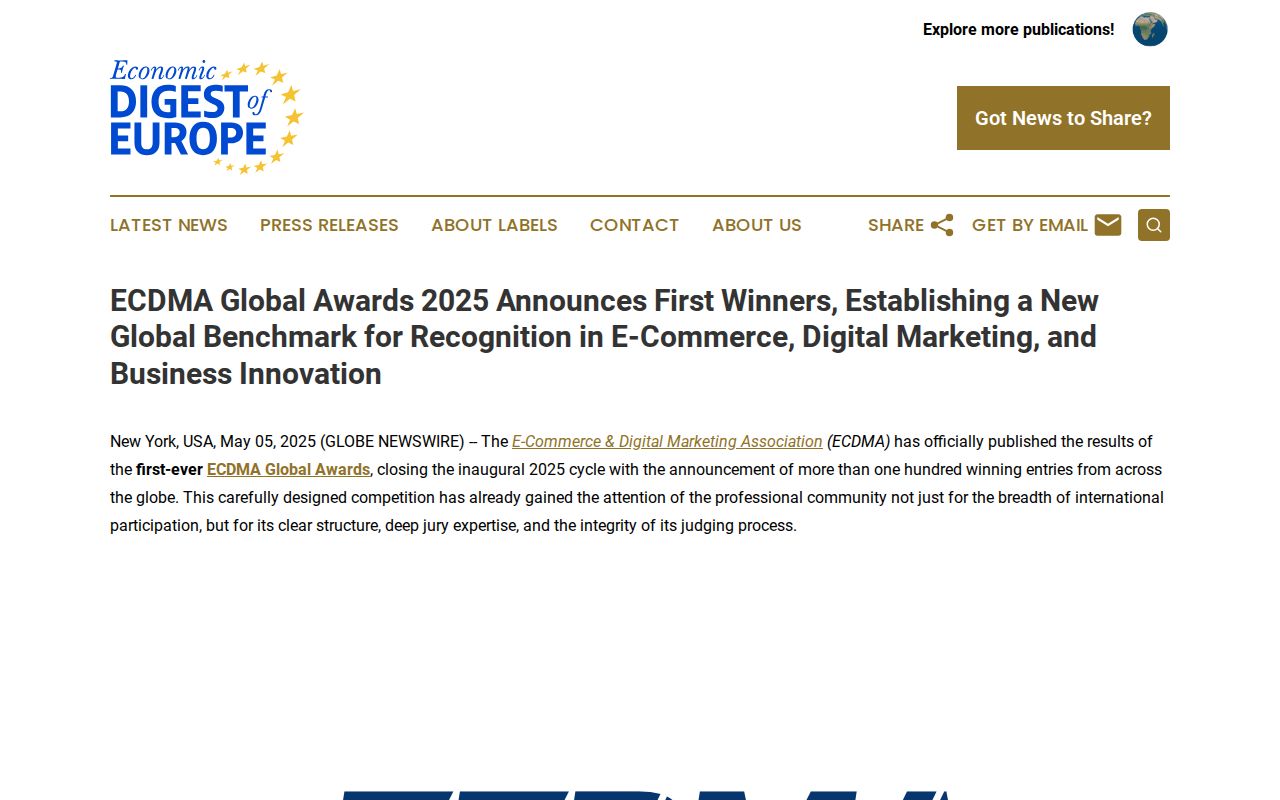 ECDMA Global Awards 2025 Announces First Winners, Establishing a New Global Benchmark for Recognition in E-Commerce, Digital Marketing, and Business Innovation | Economic Digest of Europe