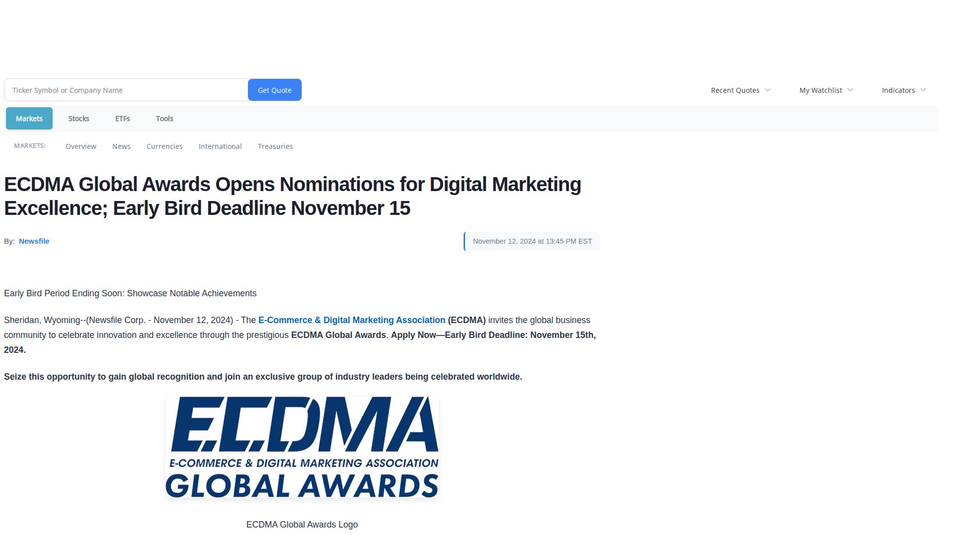 ECDMA Global Awards Opens Nominations for Digital Marketing Excellence; Early Bird Deadline November 15