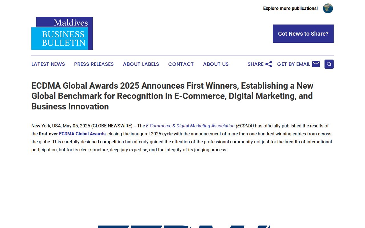 ECDMA Global Awards 2025 Announces First Winners, Establishing a New Global Benchmark for Recognition in E-Commerce, Digital Marketing, and Business Innovation | Maldives Business Bulletin