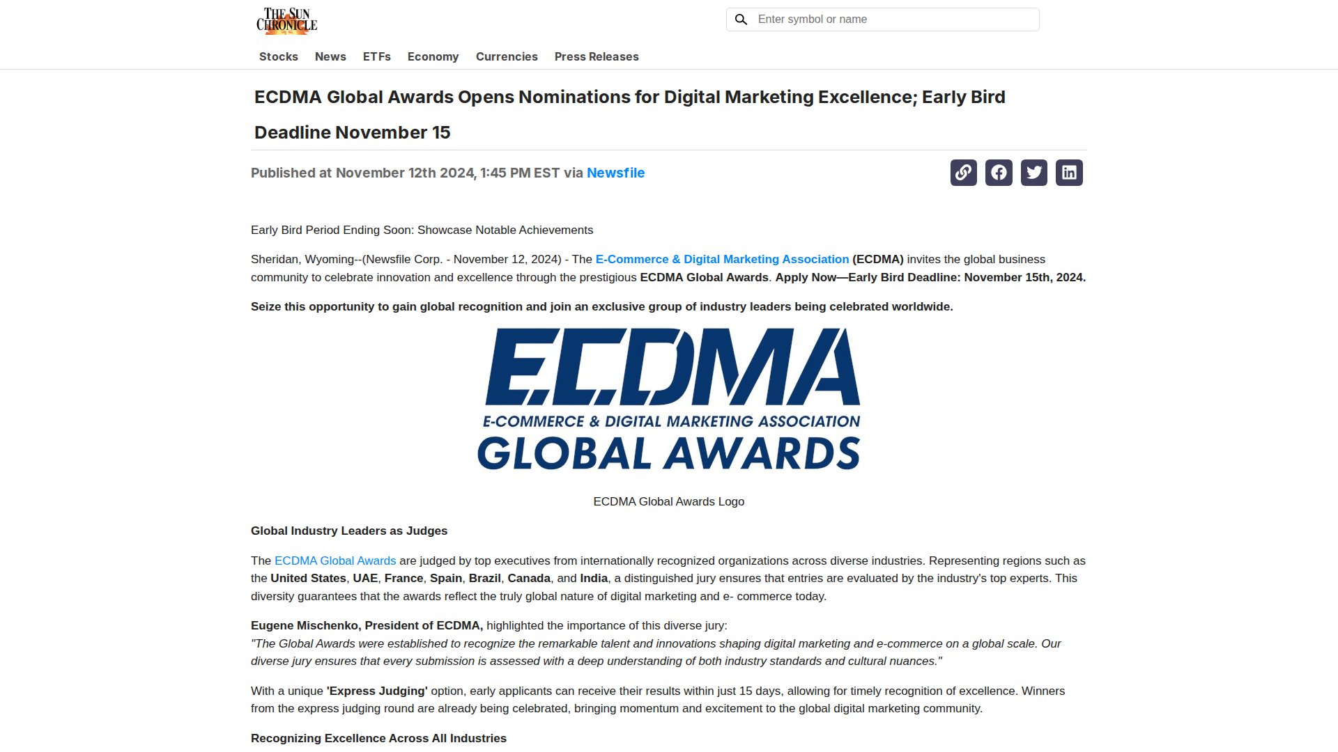 ECDMA Global Awards Opens Nominations for Digital Marketing Excellence; Early Bird Deadline November 15