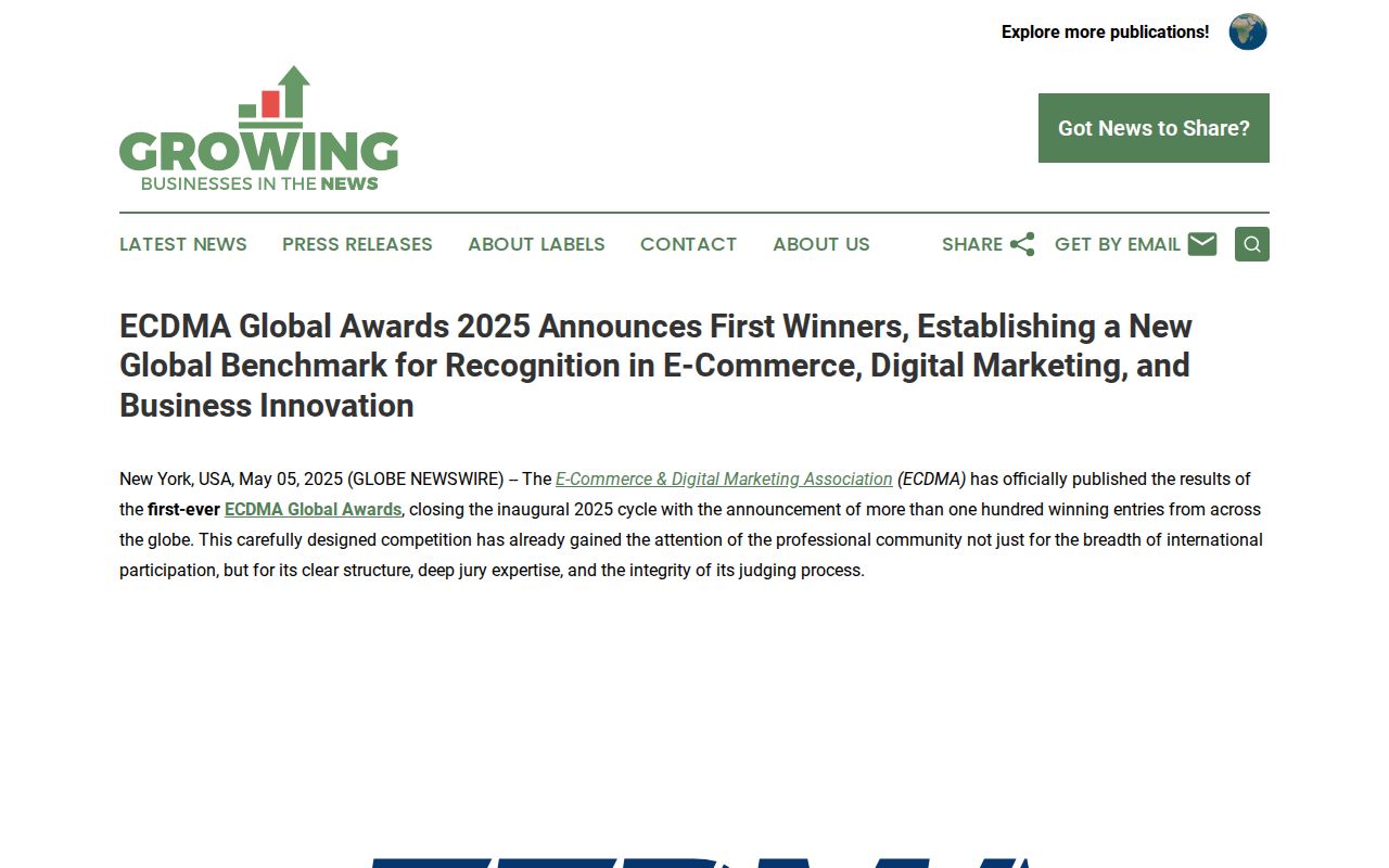ECDMA Global Awards 2025 Announces First Winners, Establishing a New Global Benchmark for Recognition in E-Commerce, Digital Marketing, and Business Innovation | Growing Businesses in the News