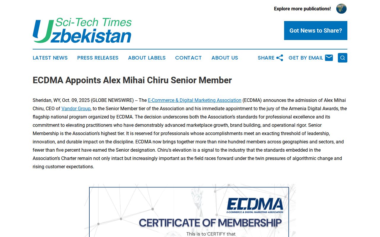 ECDMA Appoints Alex Mihai Chiru Senior Member | Sci-Tech Times Uzbekistan