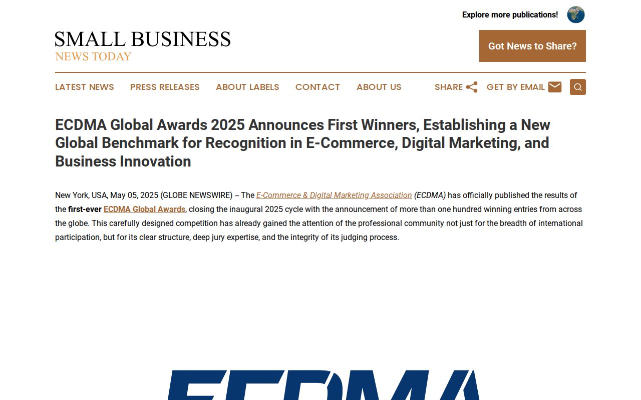 ECDMA Global Awards 2025 Announces First Winners, Establishing a New Global Benchmark for Recognition in E-Commerce, Digital Marketing, and Business Innovation | Small Business News Today