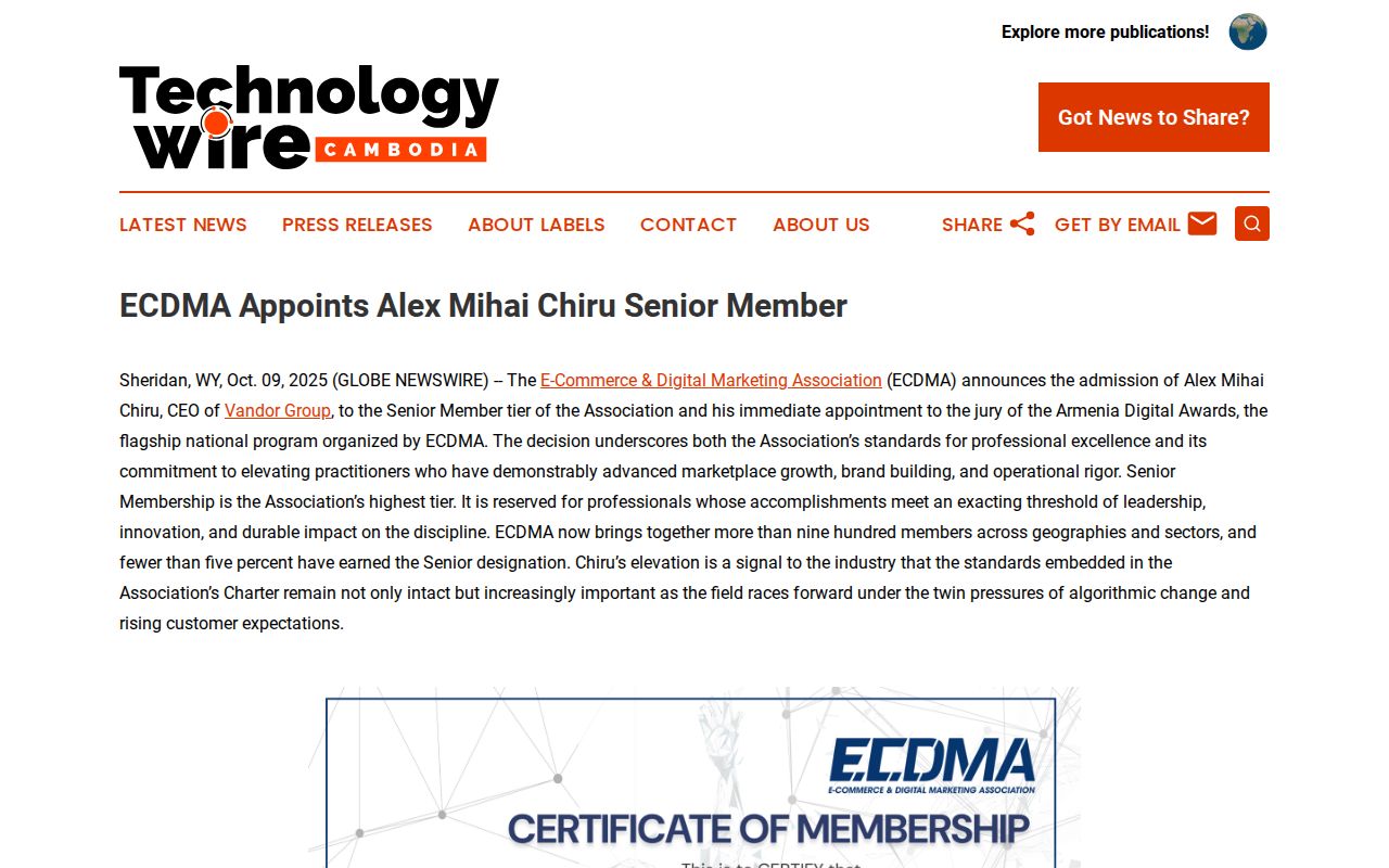 ECDMA Appoints Alex Mihai Chiru Senior Member | Technology Wire Cambodia