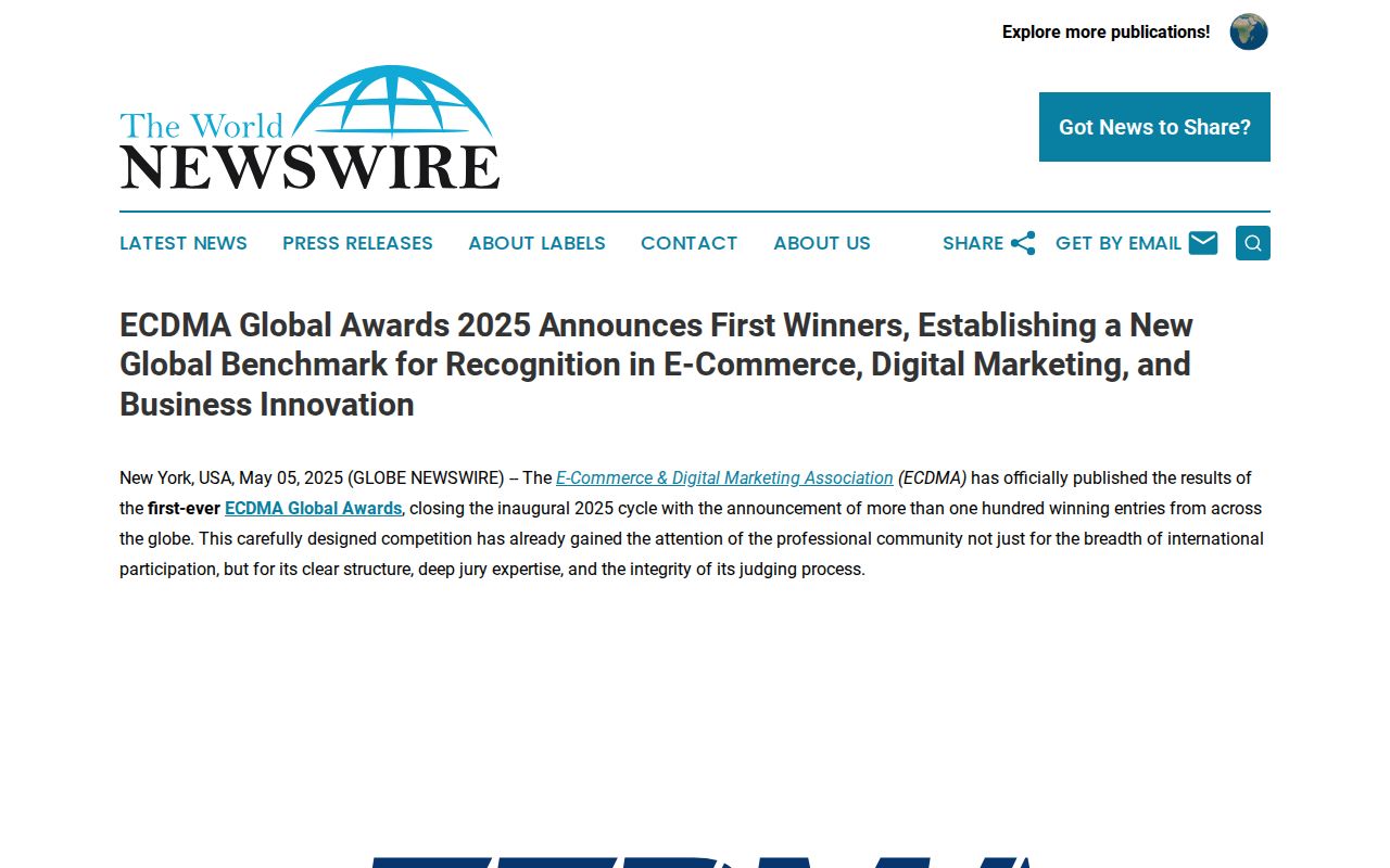 ECDMA Global Awards 2025 Announces First Winners, Establishing a New Global Benchmark for Recognition in E-Commerce, Digital Marketing, and Business Innovation | The World Newswire