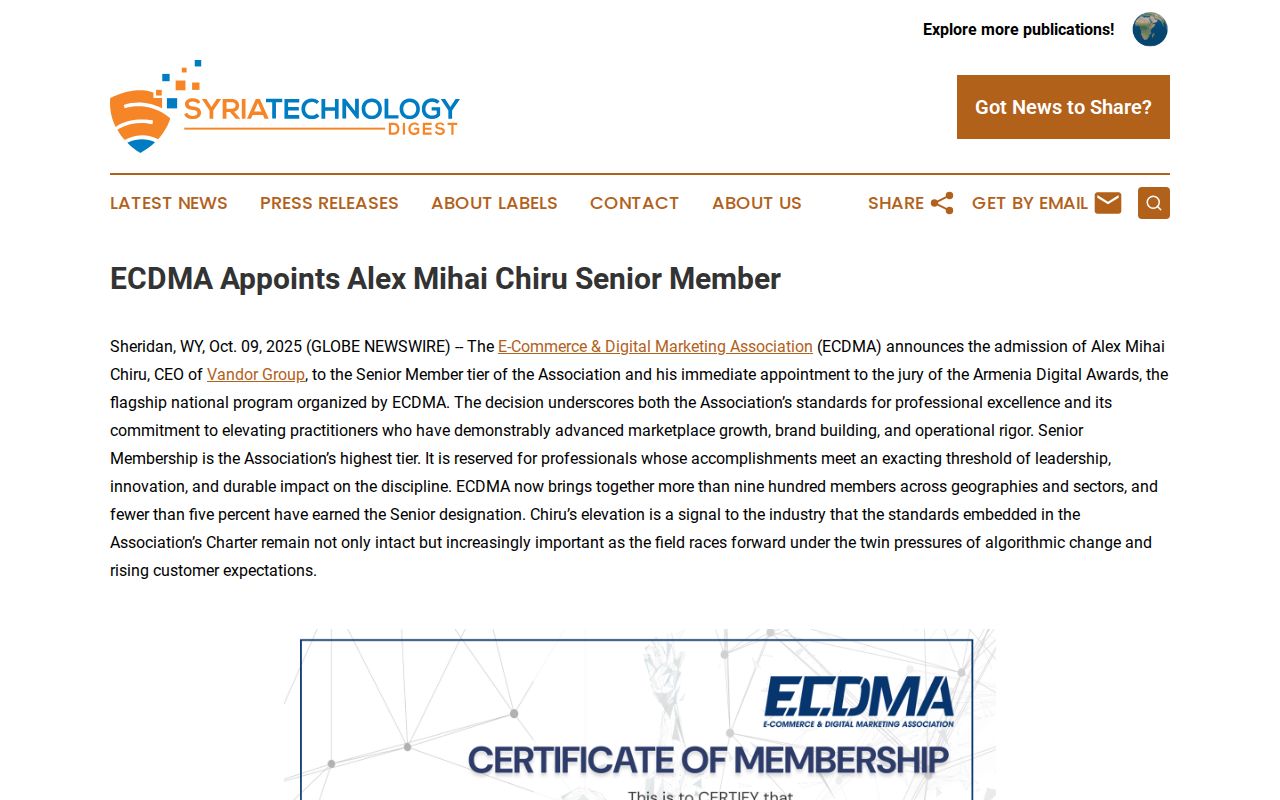 ECDMA Appoints Alex Mihai Chiru Senior Member | Syria Technology Digest