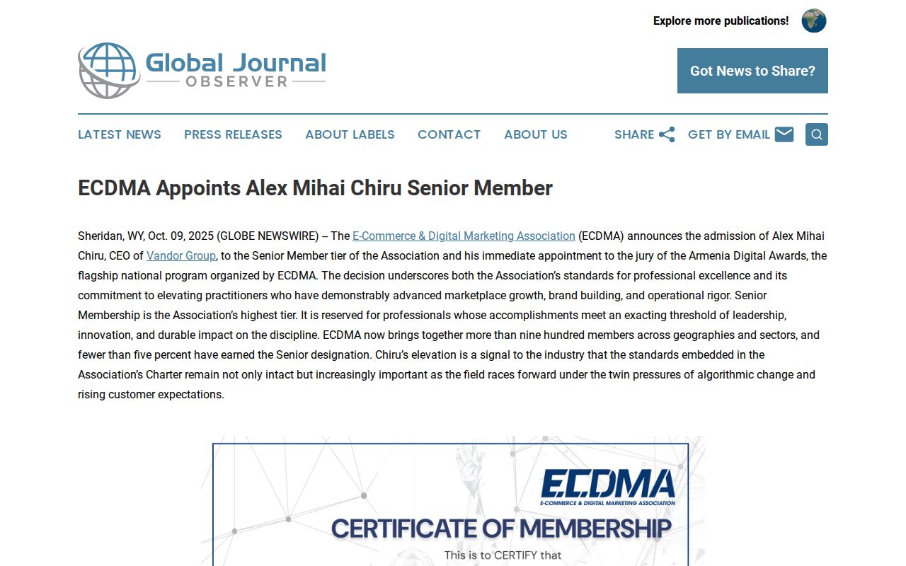 ECDMA Appoints Alex Mihai Chiru Senior Member | Global Journal Observer