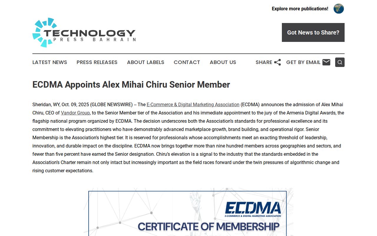 ECDMA Appoints Alex Mihai Chiru Senior Member | Technology Press Bahrain