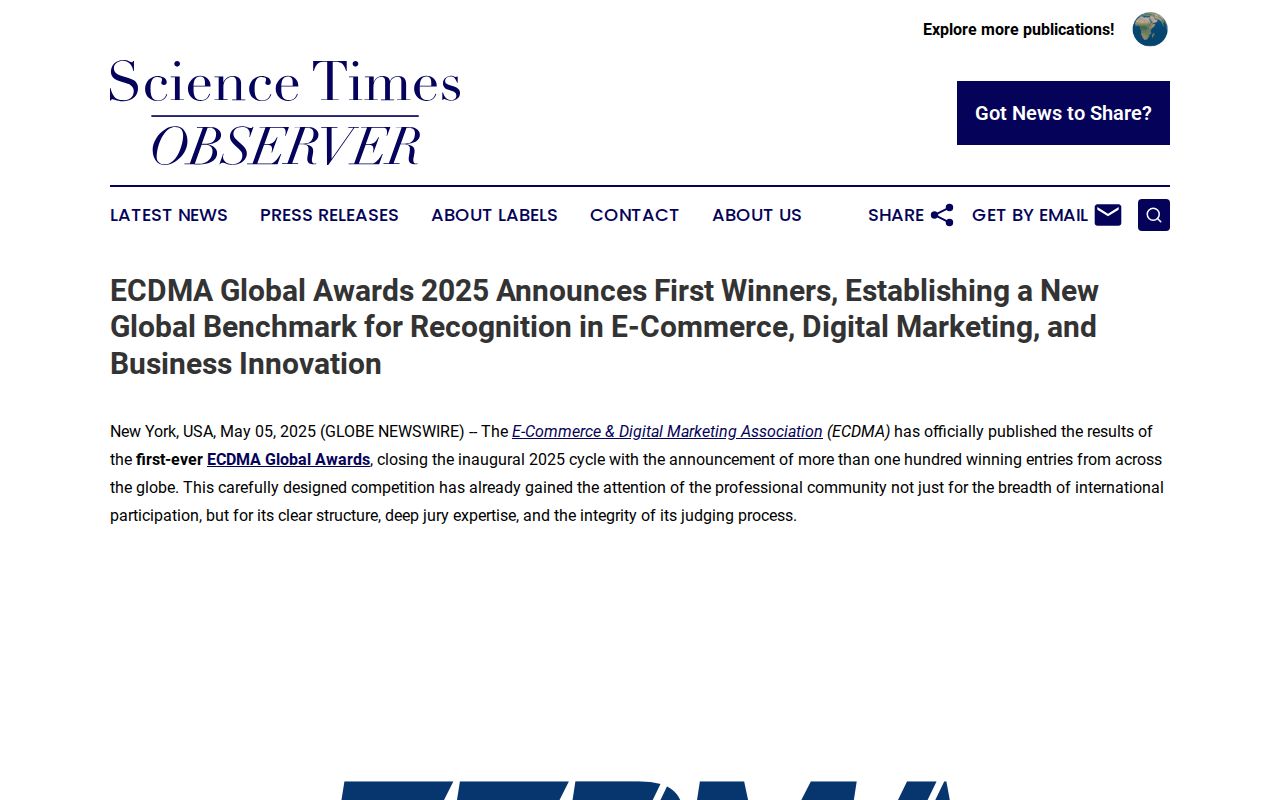 ECDMA Global Awards 2025 Announces First Winners, Establishing a New Global Benchmark for Recognition in E-Commerce, Digital Marketing, and Business Innovation | Science Times Observer