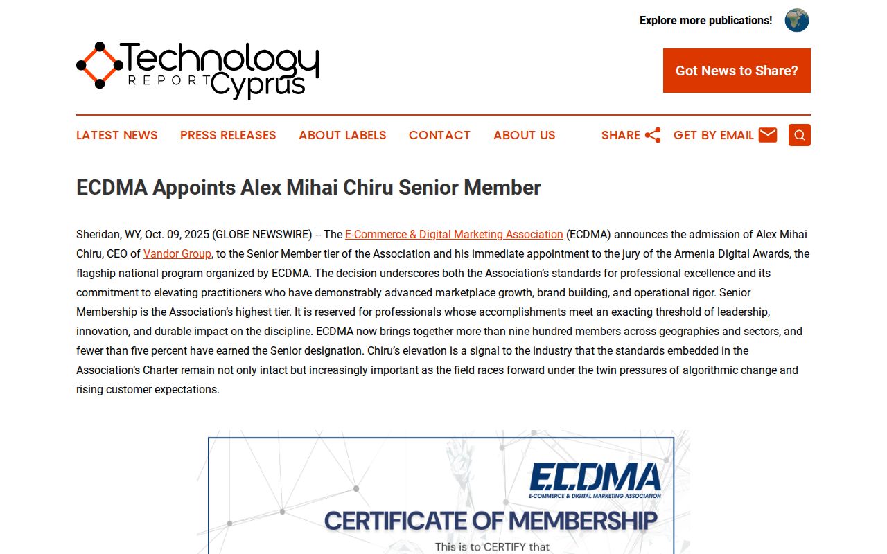 ECDMA Appoints Alex Mihai Chiru Senior Member | Technology Report Cyprus