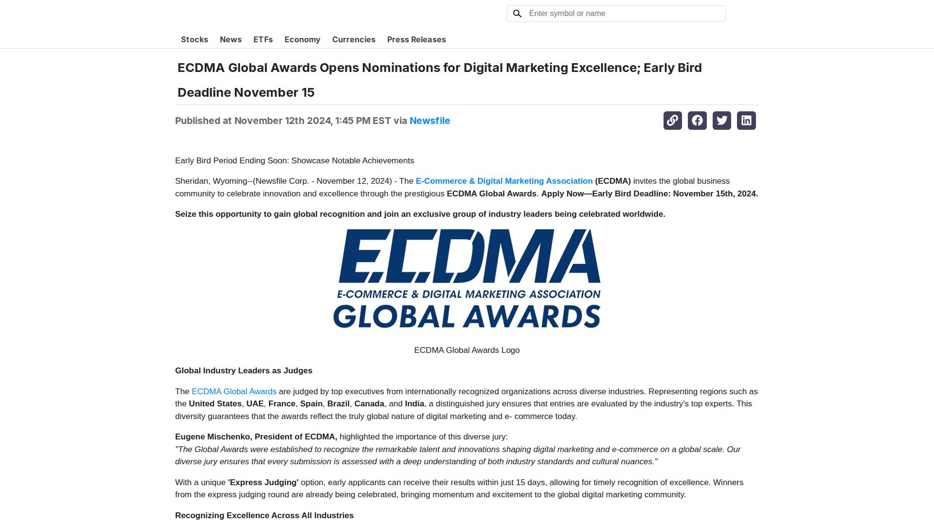 ECDMA Global Awards Opens Nominations for Digital Marketing Excellence; Early Bird Deadline November 15