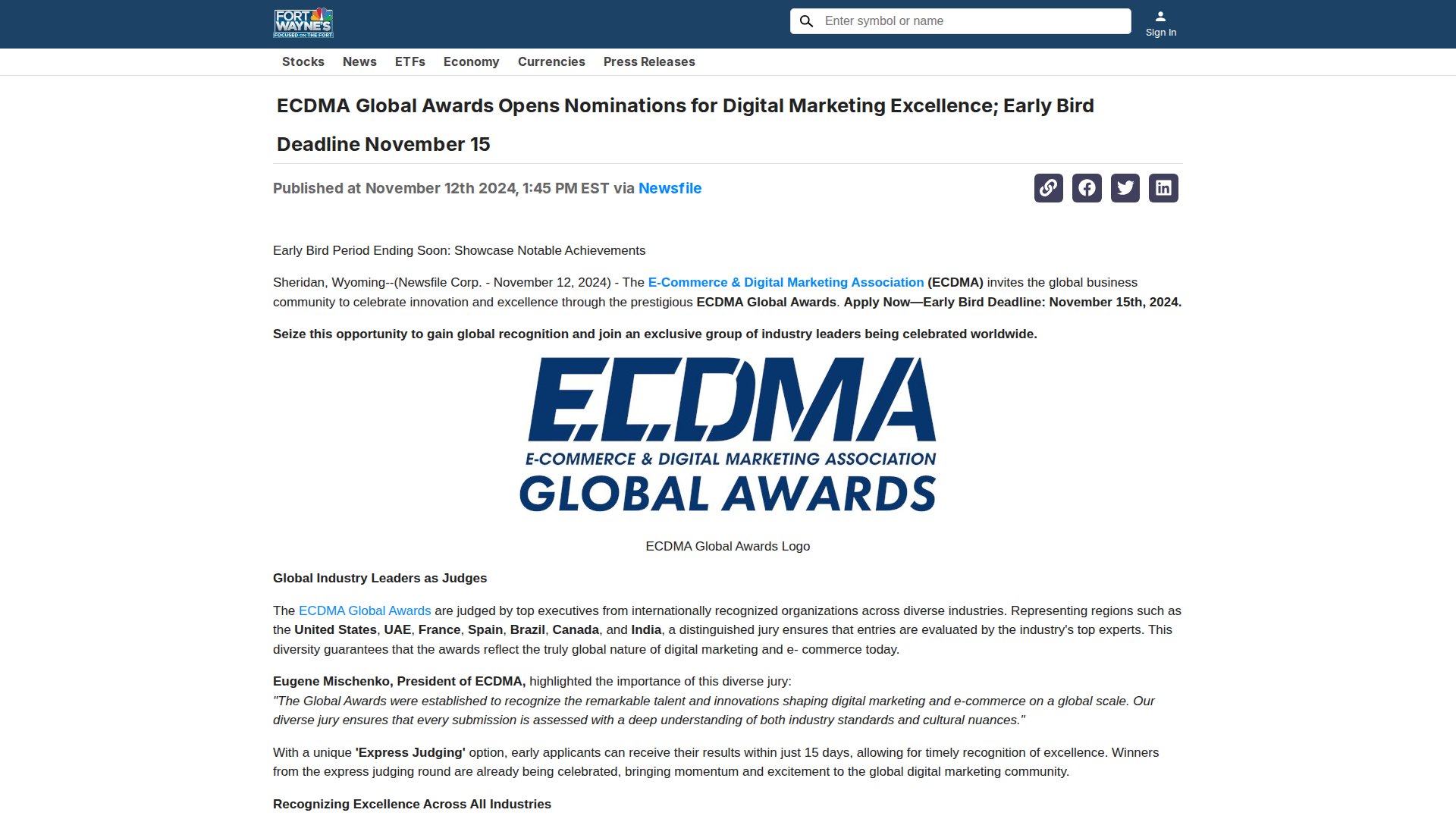 ECDMA Global Awards Opens Nominations for Digital Marketing Excellence; Early Bird Deadline November 15