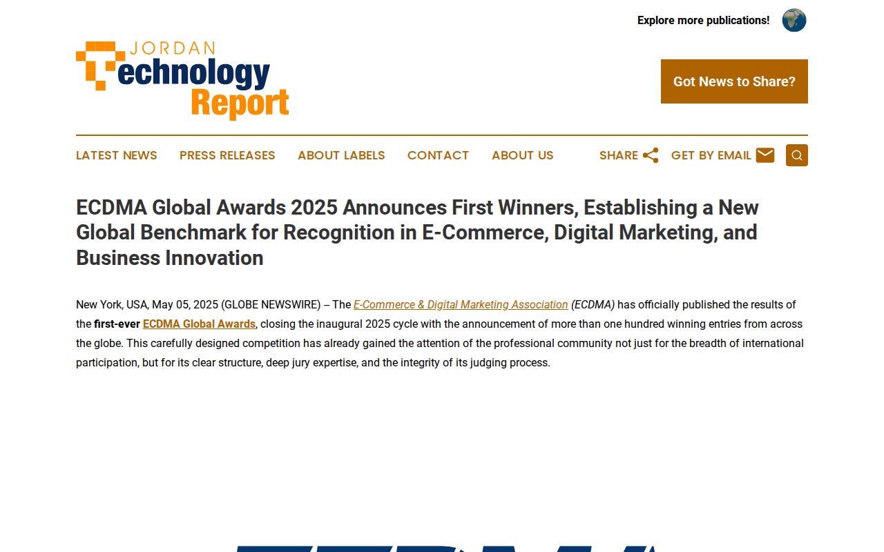 ECDMA Global Awards 2025 Announces First Winners, Establishing a New Global Benchmark for Recognition in E-Commerce, Digital Marketing, and Business Innovation | Jordan Technology Report
