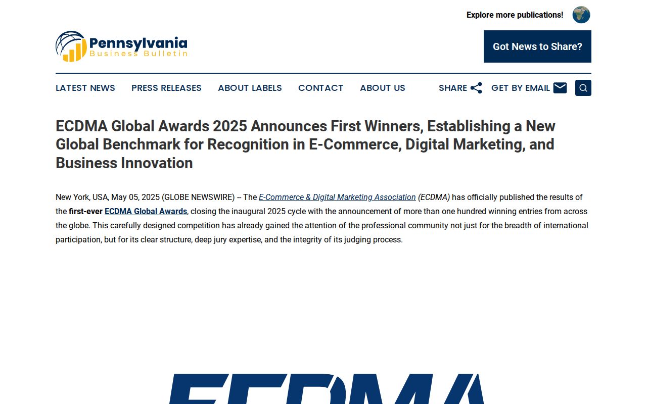 ECDMA Global Awards 2025 Announces First Winners, Establishing a New Global Benchmark for Recognition in E-Commerce, Digital Marketing, and Business Innovation | Pennsylvania Business Bulletin
