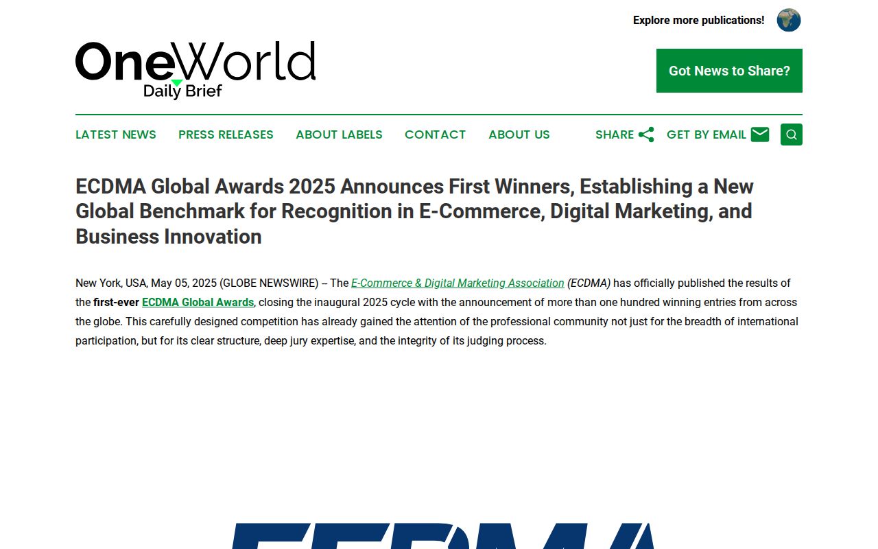 ECDMA Global Awards 2025 Announces First Winners, Establishing a New Global Benchmark for Recognition in E-Commerce, Digital Marketing, and Business Innovation | One World Daily Brief