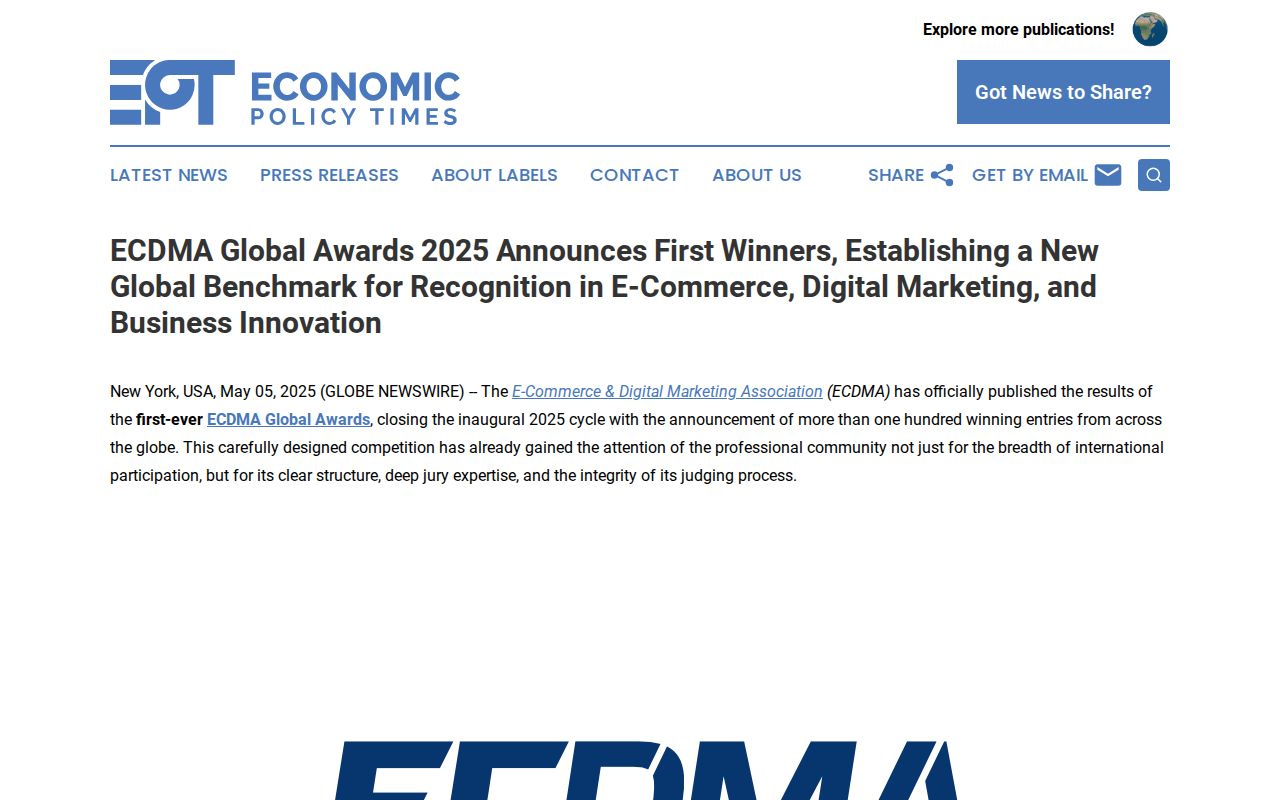 ECDMA Global Awards 2025 Announces First Winners, Establishing a New Global Benchmark for Recognition in E-Commerce, Digital Marketing, and Business Innovation | Economic Policy Times