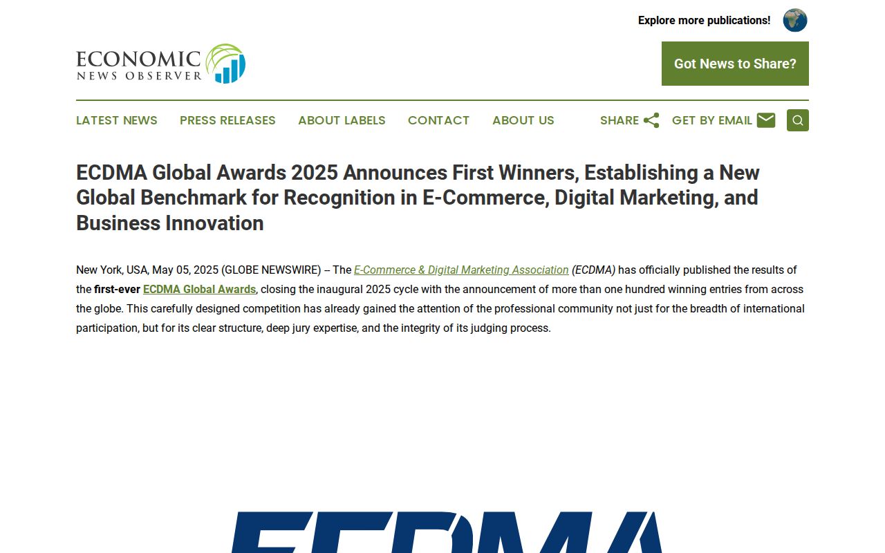 ECDMA Global Awards 2025 Announces First Winners, Establishing a New Global Benchmark for Recognition in E-Commerce, Digital Marketing, and Business Innovation | Economic News Observer