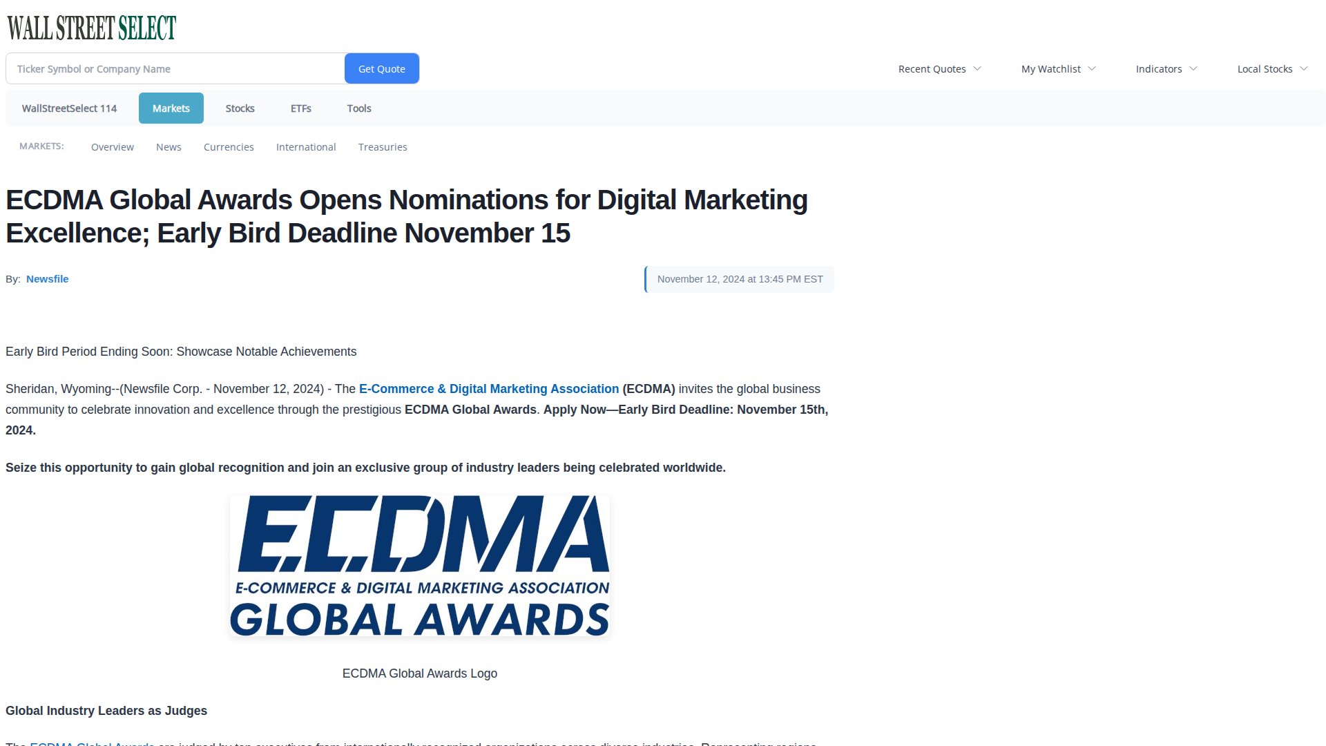ECDMA Global Awards Opens Nominations for Digital Marketing Excellence; Early Bird Deadline November 15