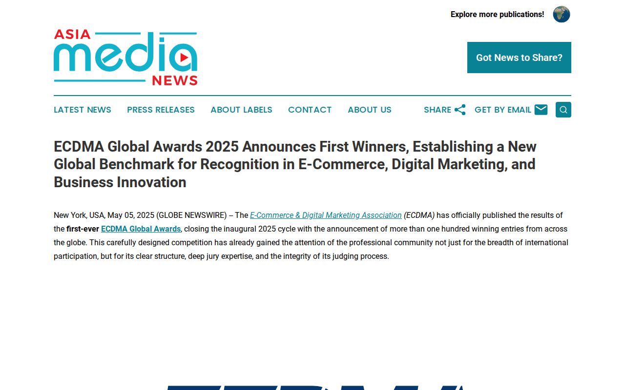 ECDMA Global Awards 2025 Announces First Winners, Establishing a New Global Benchmark for Recognition in E-Commerce, Digital Marketing, and Business Innovation | Asia Media News