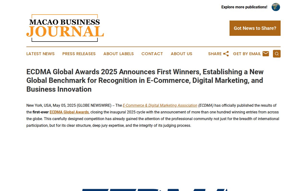ECDMA Global Awards 2025 Announces First Winners, Establishing a New Global Benchmark for Recognition in E-Commerce, Digital Marketing, and Business Innovation | Macao Business Journal