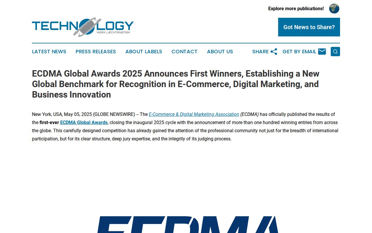 ECDMA Global Awards 2025 Announces First Winners, Establishing a New Global Benchmark for Recognition in E-Commerce, Digital Marketing, and Business Innovation | Technology Week Liechtenstein