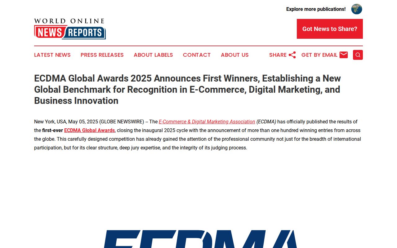 ECDMA Global Awards 2025 Announces First Winners, Establishing a New Global Benchmark for Recognition in E-Commerce, Digital Marketing, and Business Innovation | World Online News Reports