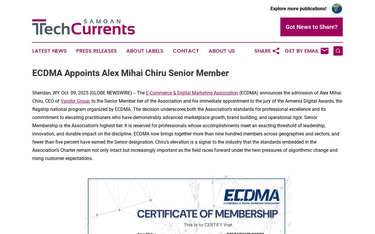 ECDMA Appoints Alex Mihai Chiru Senior Member | Samoan Tech Currents
