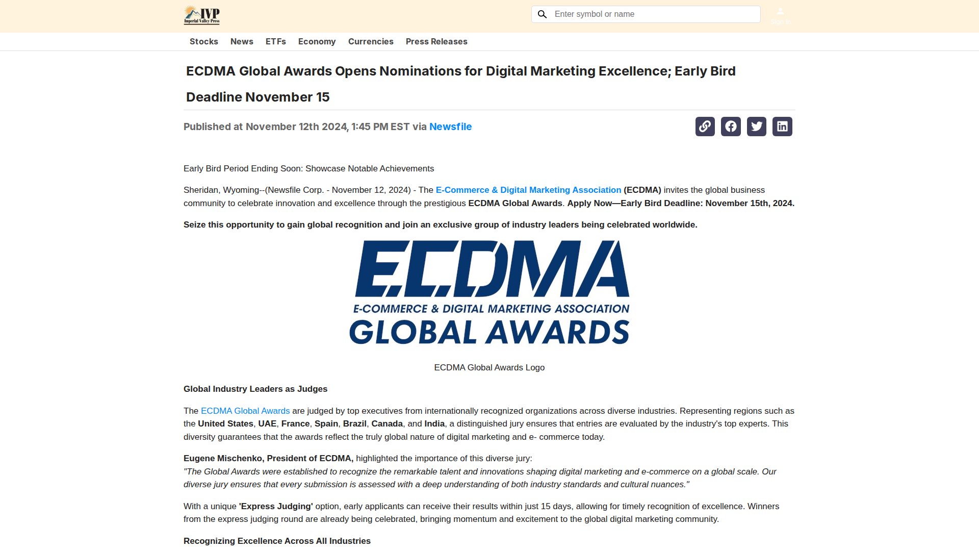 ECDMA Global Awards Opens Nominations for Digital Marketing Excellence; Early Bird Deadline November 15
