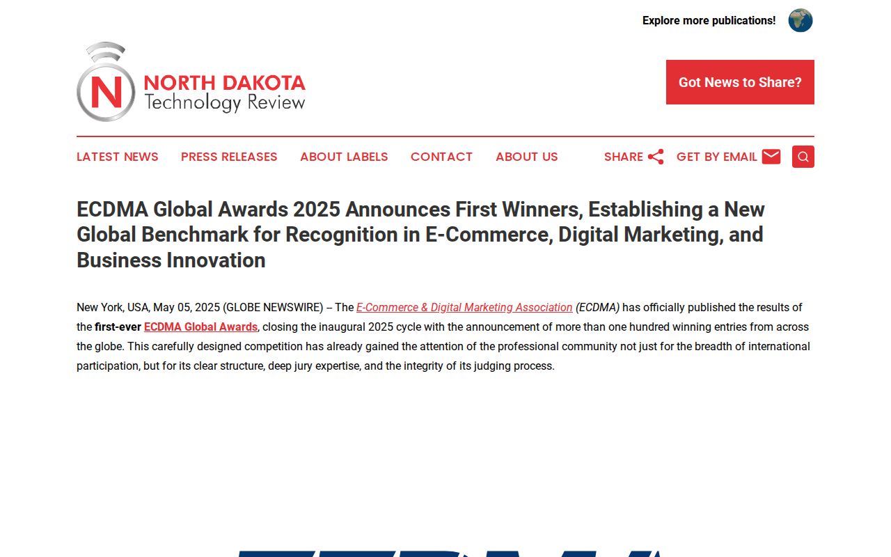 ECDMA Global Awards 2025 Announces First Winners, Establishing a New Global Benchmark for Recognition in E-Commerce, Digital Marketing, and Business Innovation | North Dakota Technology Review
