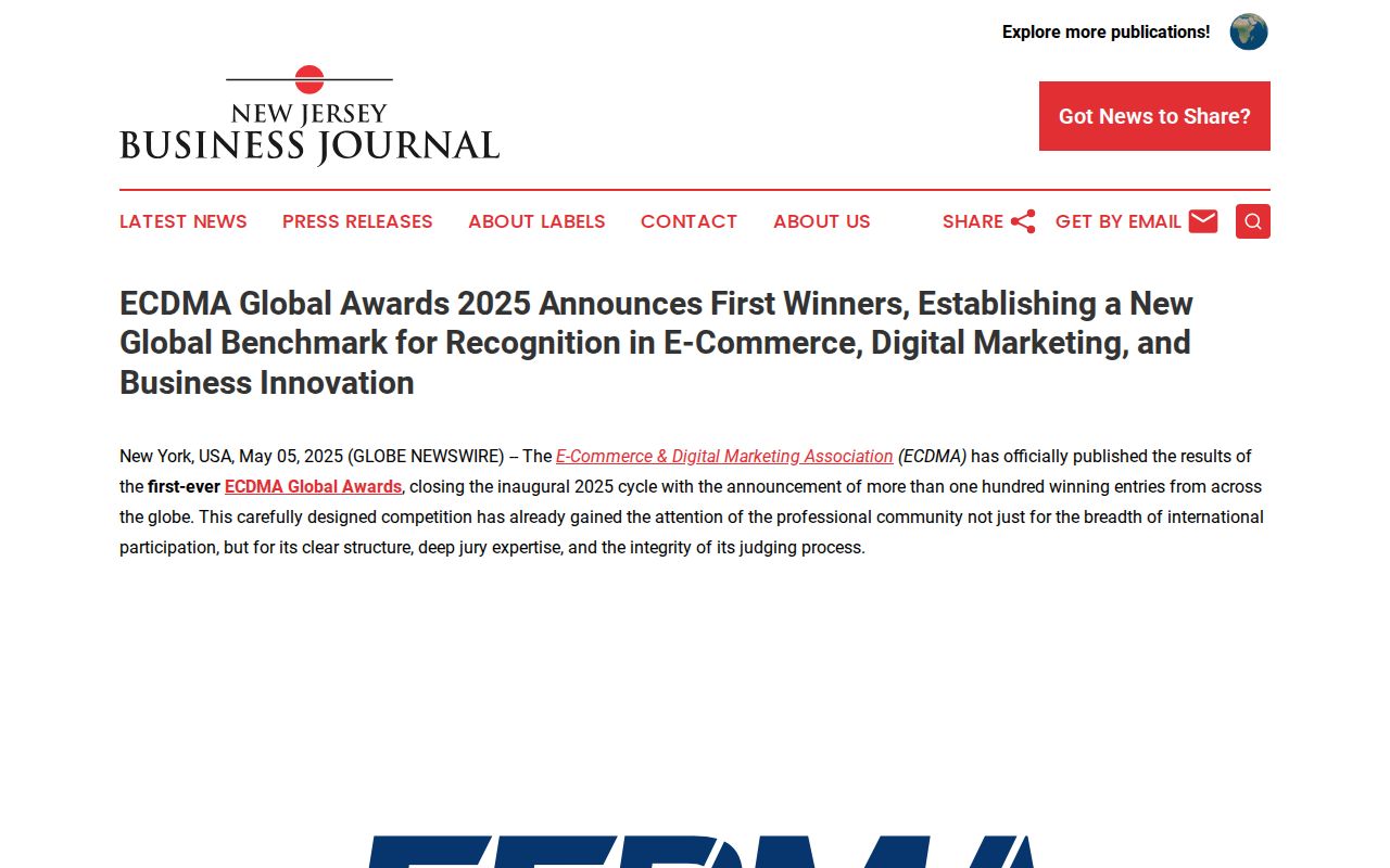 ECDMA Global Awards 2025 Announces First Winners, Establishing a New Global Benchmark for Recognition in E-Commerce, Digital Marketing, and Business Innovation | New Jersey Business Journal