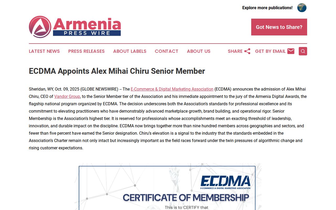 ECDMA Appoints Alex Mihai Chiru Senior Member | Armenia Press Wire