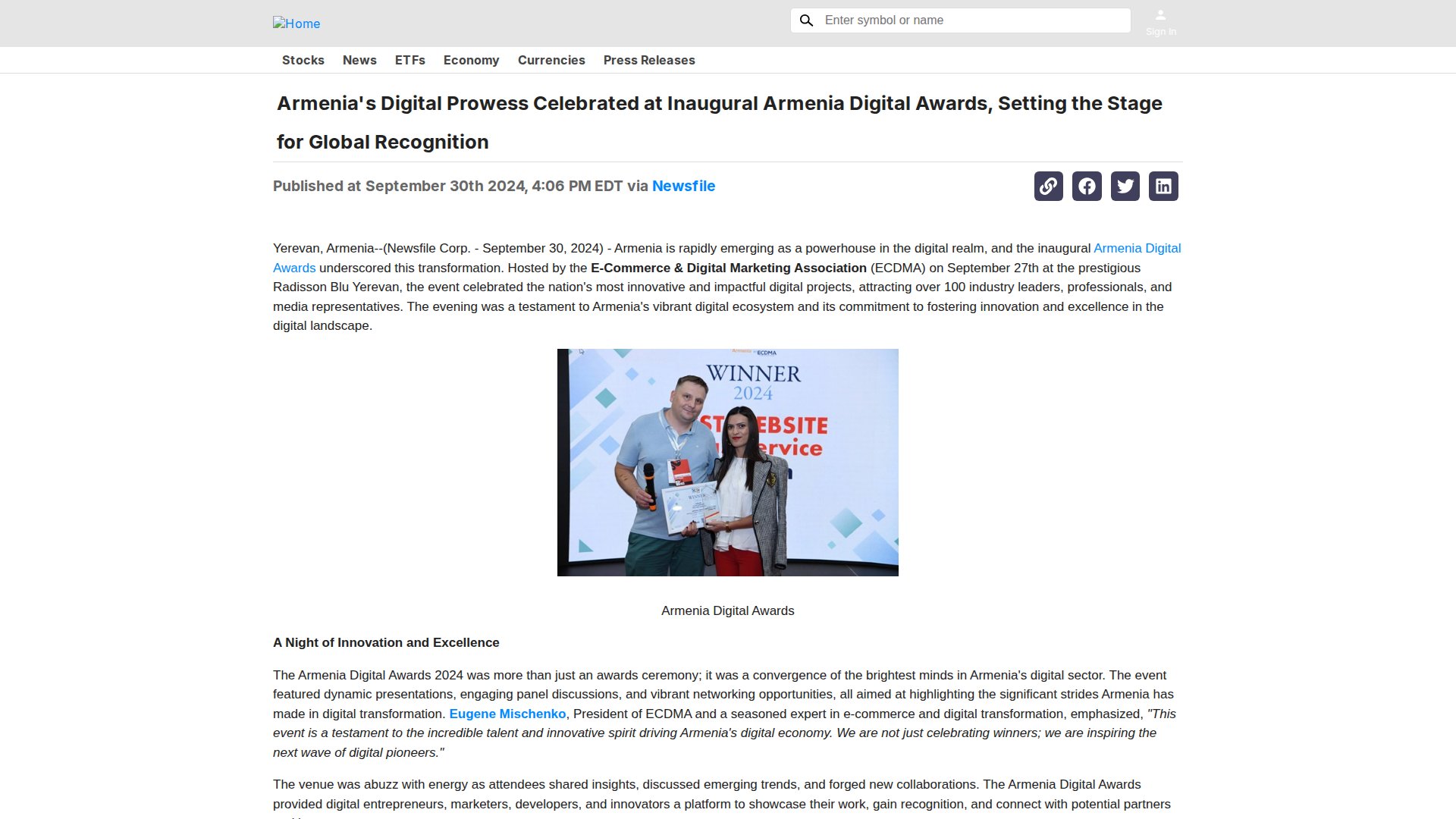 Armenia's Digital Prowess Celebrated at Inaugural Armenia Digital Awards, Setting the Stage for Global Recognition